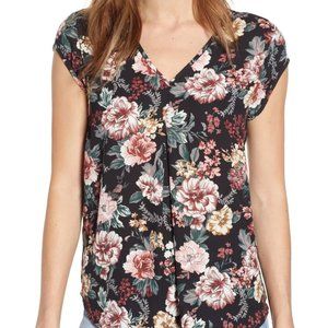 NEW HALOGEN Nordstrom Vintage Black Rose Floral Double V-NECK Cap Sleeve Top S